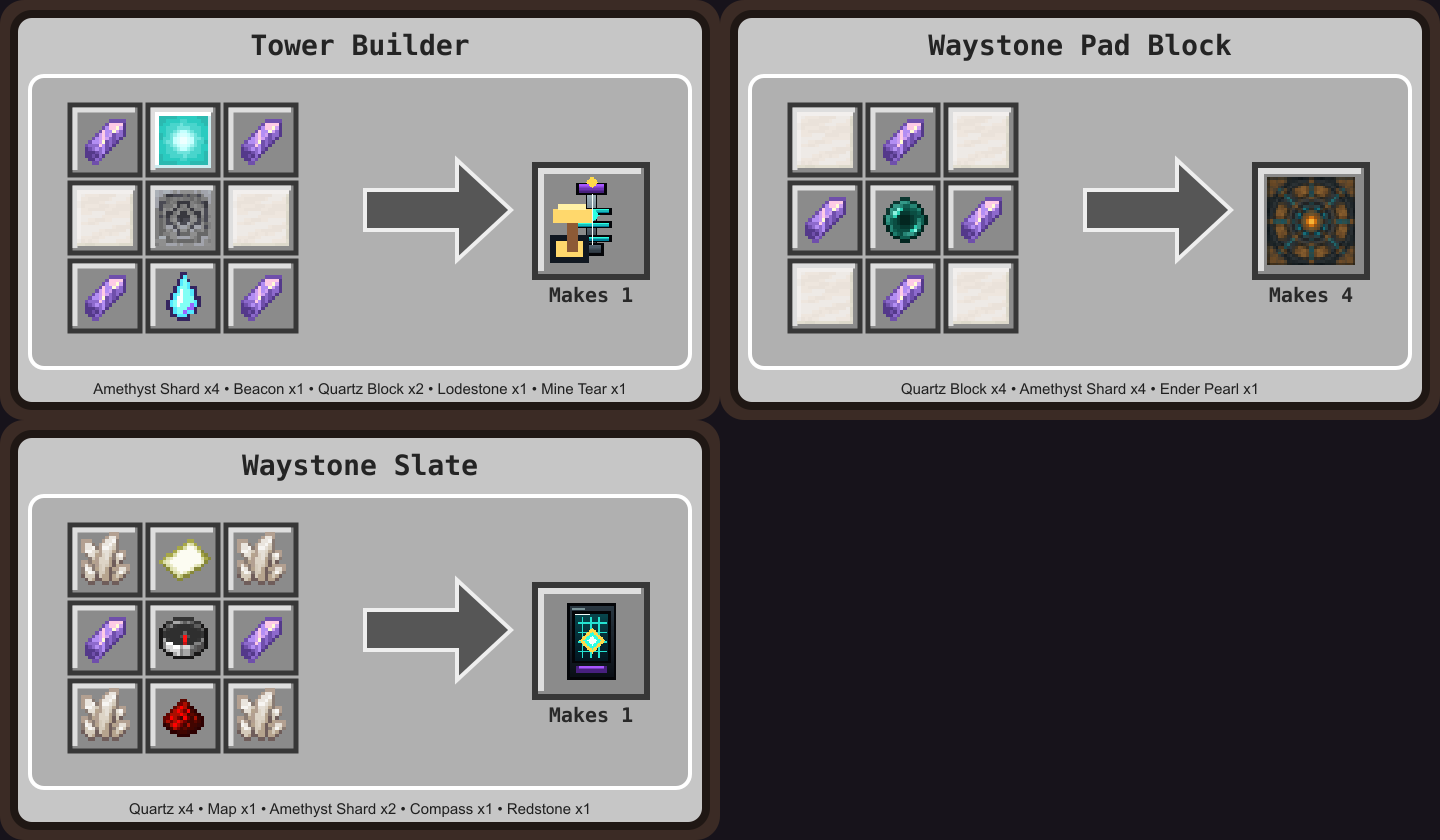 Tower Builder, Waystone Pad, and Slate recipes